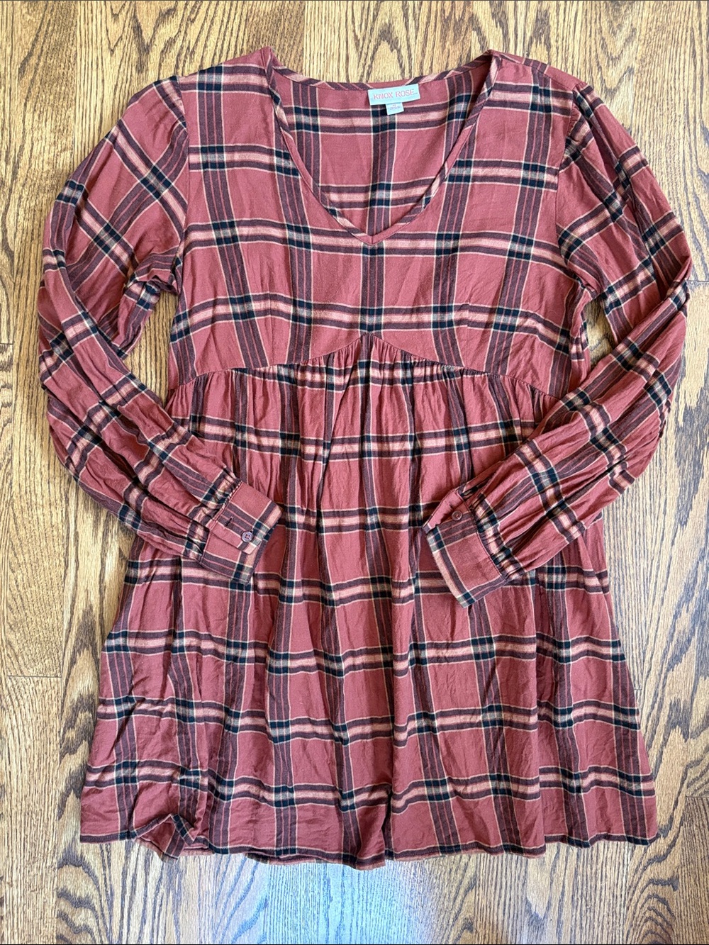 Knox Rose rust orange/black plaid long sleeve babydoll dress, size M.